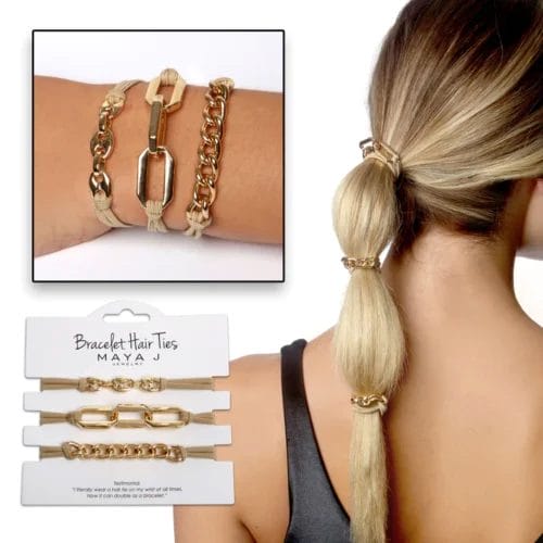 A long pony tail in three sections displays a set of 3 Maya J bracelet hair ties in blonde and gold. An inset picture features the same three hair tie bracelets on a wrist and again on the card they come packaged onto.