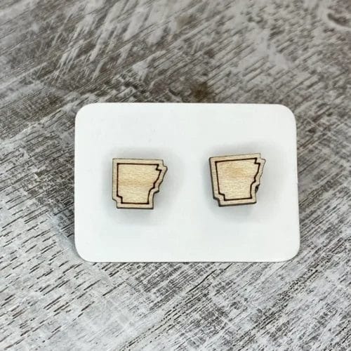 Holly & Liz Arkansas Stud Earrings laser cut from maple wood.