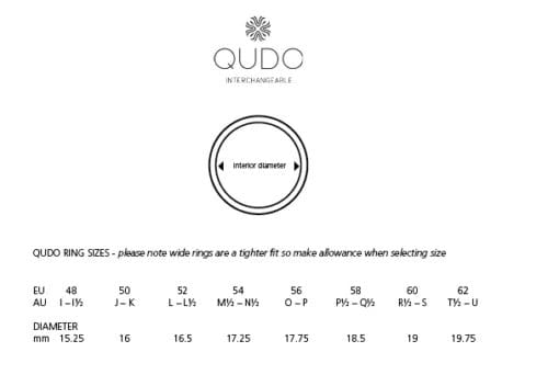 Qudo Interchangeable Ring Sizing chart displays available sizes and measurements of QUDO Interchangeable rings.