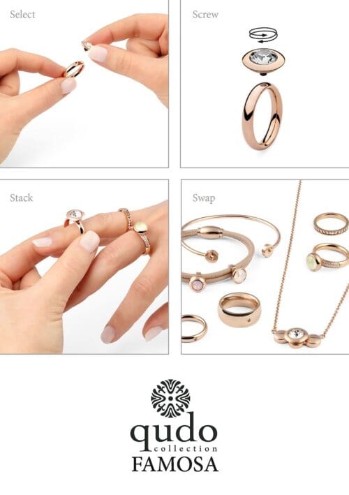 QUDO Interchangeable Jewelry Chart Detailing how to assemble and interchange ring toppers.