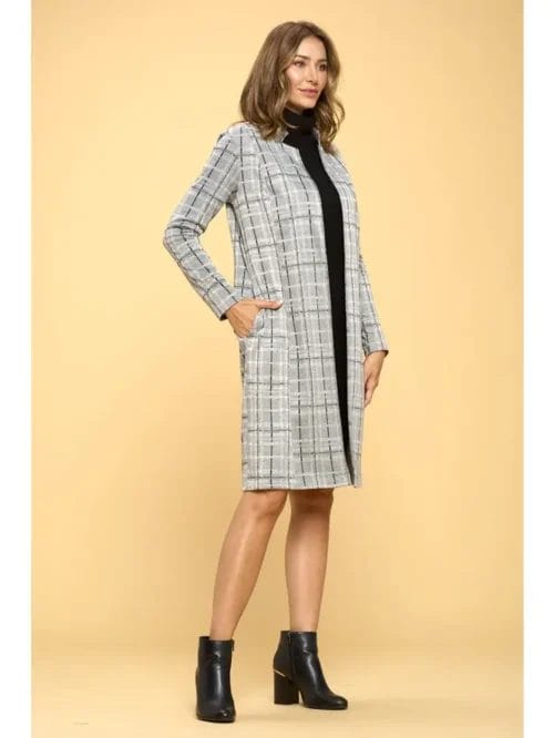 left side view of grey plaid open knit coat