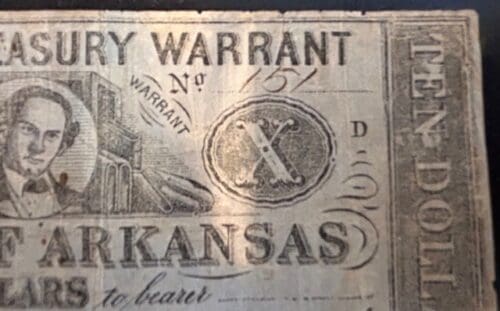 $10 Arkansas Treasury Warrant close up