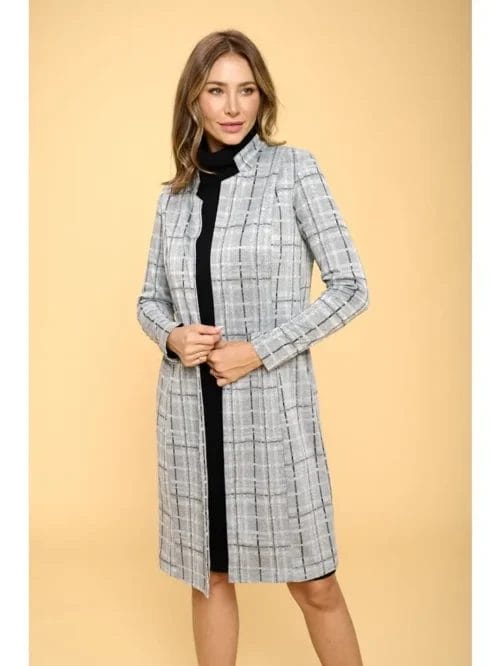 Side view of grey plaid open knit coat
