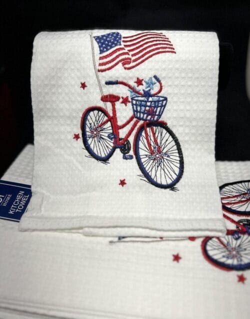 Patriotic bicycle kitchen towel.