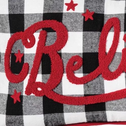 Close up of the tufted lettering on "Believe" Holiday Throw Pillow