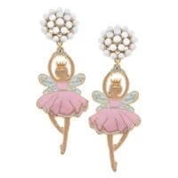 Pair of enamel sugar plum fairies dancing en pointe and hanging from faux-pearl studded post earrings.