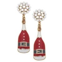 Pair of enamel Champagne bottle earrings decorated as santa's red and white coat with black belt and gold buckle hanging from faux-pearl studded posts.