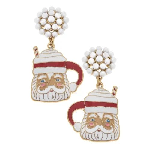A pair of red & white Santa faces with rosy cheeks, shaped like a mug with Santa's hat as the handle, topped with whipped cream and hanging from faux-pearl studded earrings