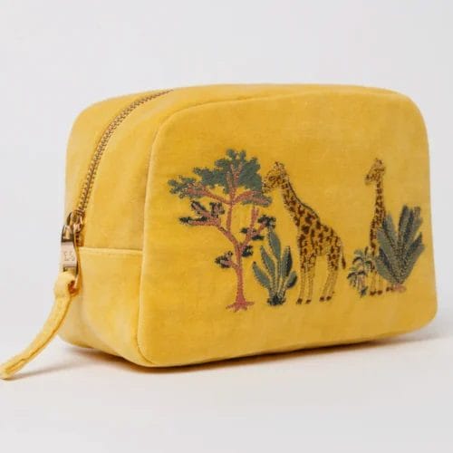 Cosmetic Bag with yellow background and embroidery giraffes