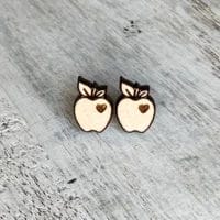 Holly & Liz Stud Earrings- laser cut maple wood apples with tiny heart glimmers.