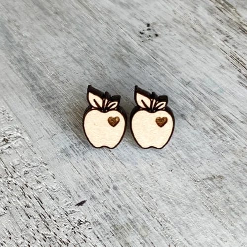 Holly & Liz Stud Earrings- laser cut maple wood apples with tiny heart glimmers.