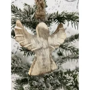 Wooden Angel Ornament 4" tall, shown hanging from a tree branch
