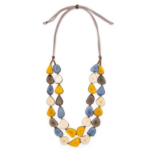 Organic Tagua Marlene Necklace in canary yellow, bay lake blue, and charcoal gray on an adjustable faux leather cord.