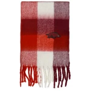 Red and white plaid scarf with Razorback logo.