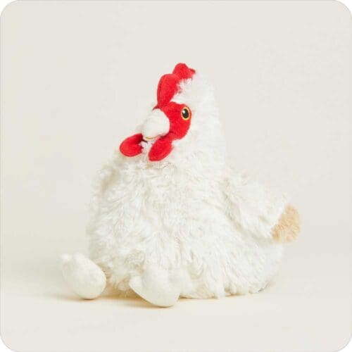 Fluffy white hen plush toy.