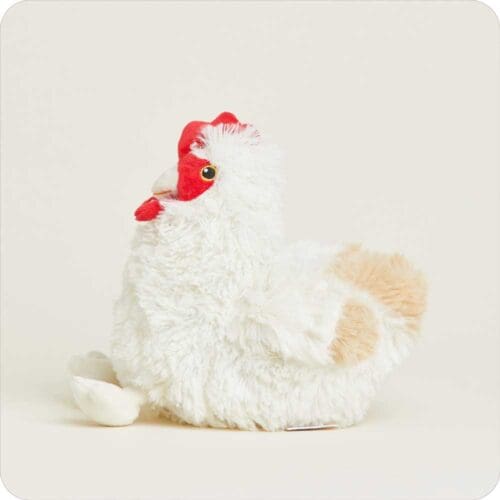 Fluffy white hen plush toy.