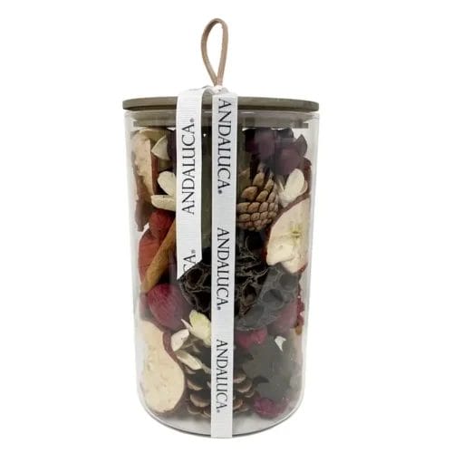 Here's an alt tag for the image: Jar of autumn potpourri.