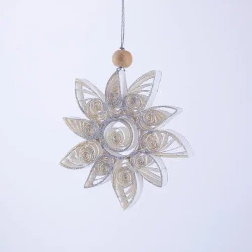 Silver and white paper snowflake ornament.