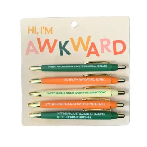 Here's an alt tag for the image: Awkward pen set, funny sayings.