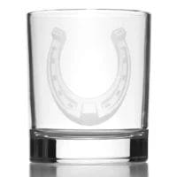 Etched horseshoe on rocks glass.