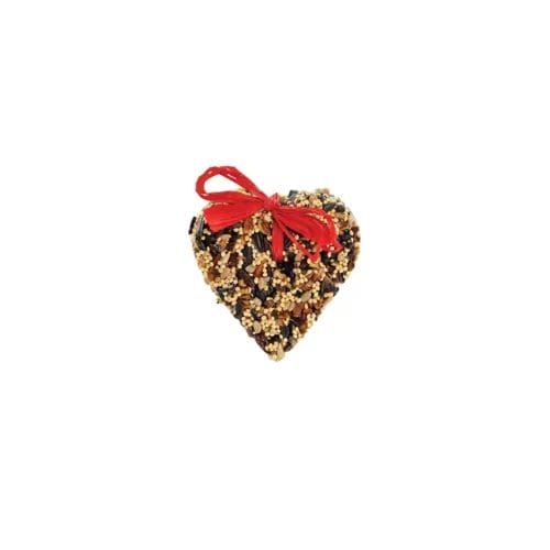 Heart-shaped birdseed feeder with bow.