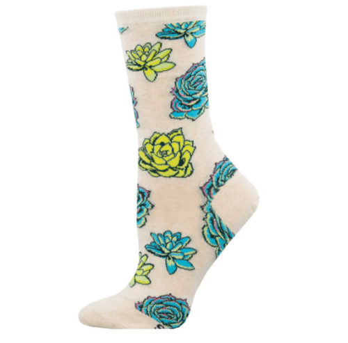 Beige socks with colorful succulents.