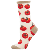 Cream socks with red tomato pattern.