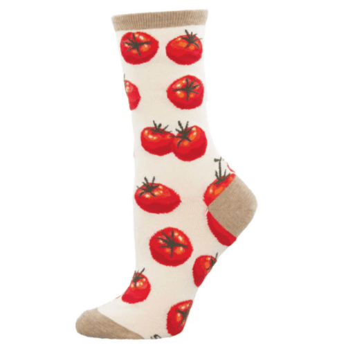 Cream socks with red tomato pattern.