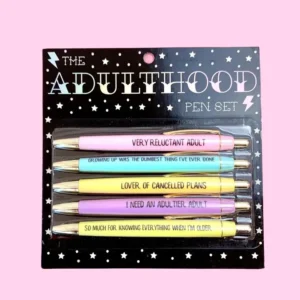 Here's an alt tag for the image: Funny pastel adulting pen set.