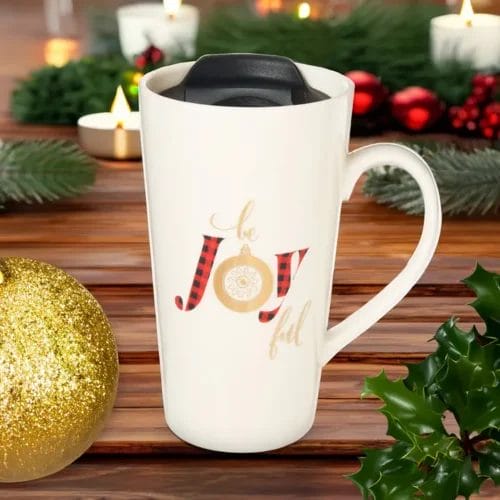 Be joyful Christmas travel mug.