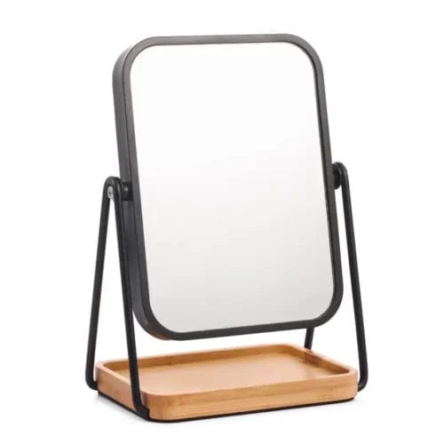 Black frame mirror with wooden tray.