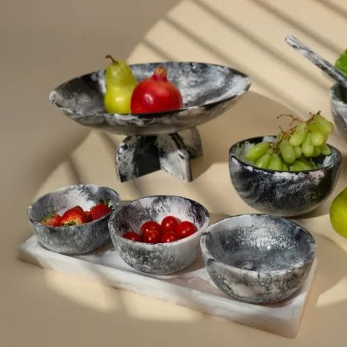 Marbled bowls with fruit platter.