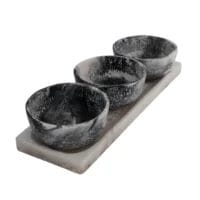 Three marble serving bowls on tray.