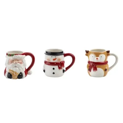 Christmas mugs: Santa, snowman, reindeer.