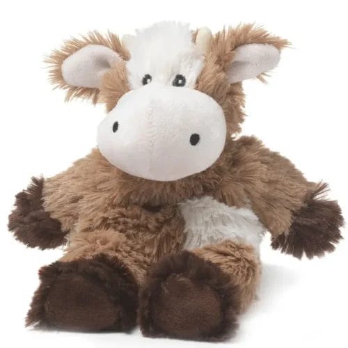 Brown and white cow plush toy.