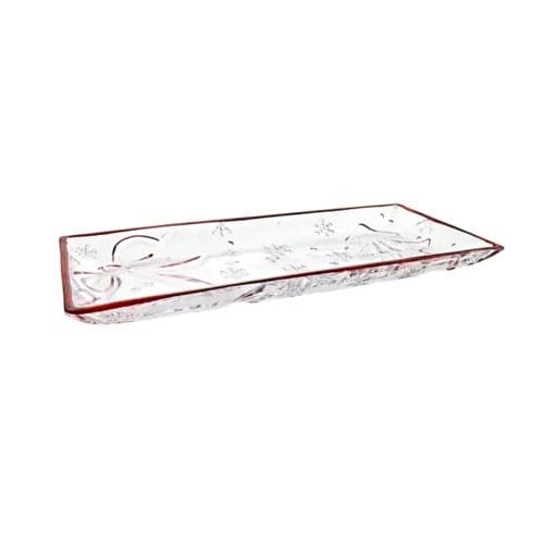 Red-rimmed glass serving tray, snowflake design.