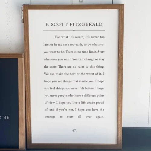 Fitzgerald quote on framed wood sign.