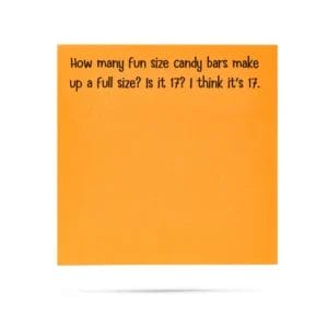 Orange sticky note: candy bar question.