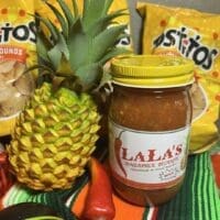 Lala's spicy pineapple salsa jar.