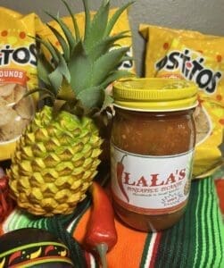 Lala's spicy pineapple salsa jar.