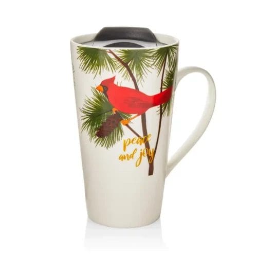 Cardinal mug, peace, and joy.