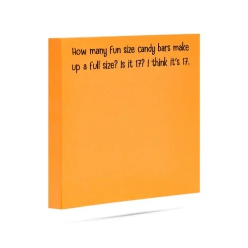 Orange sticky note: candy bar question.