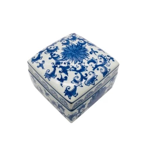 Blue & White Chinoiserie Square Ceramic Box - Lotus - Image 2