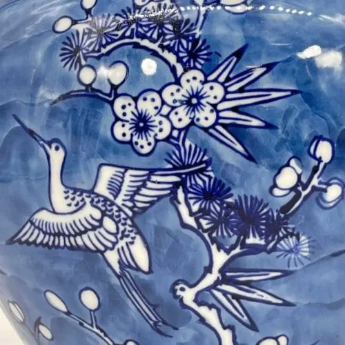 Blue & White Floral Crane Ceramic Ginger Jar 10" - Image 4