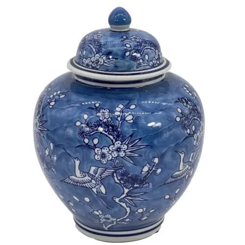 Blue & White Floral Crane Ceramic Ginger Jar 10" - Image 2