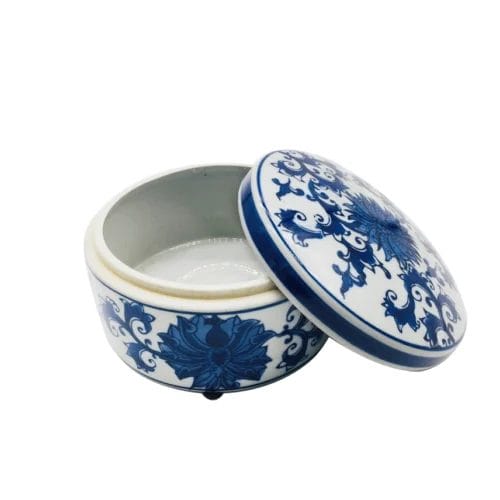 Blue & White Chinoiserie Round Ceramic Box - Lotus - Image 3