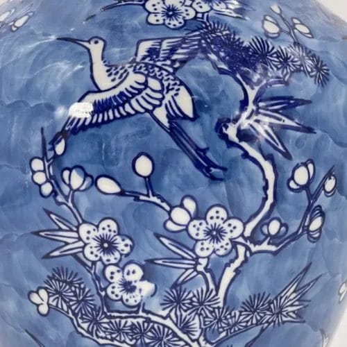 Blue & White Crane & Floral Chinoiserie Vase 14" - Image 3