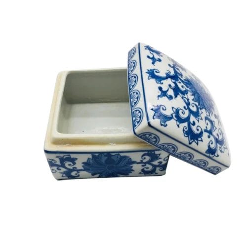 Blue & White Chinoiserie Square Ceramic Box - Lotus - Image 3