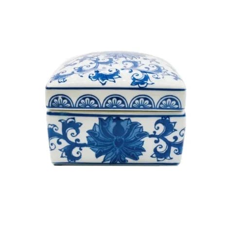 Blue & White Chinoiserie Square Ceramic Box - Lotus