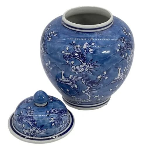 Blue & White Floral Crane Ceramic Ginger Jar 10" - Image 5